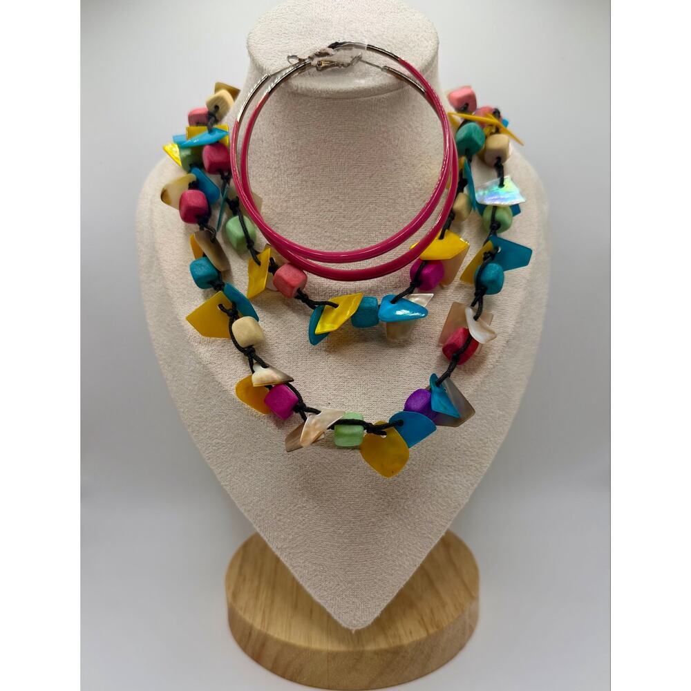RETRO 80s TROPICAL SET- Hot Pink 3” Hoop Earrings & FUN Statement Necklace